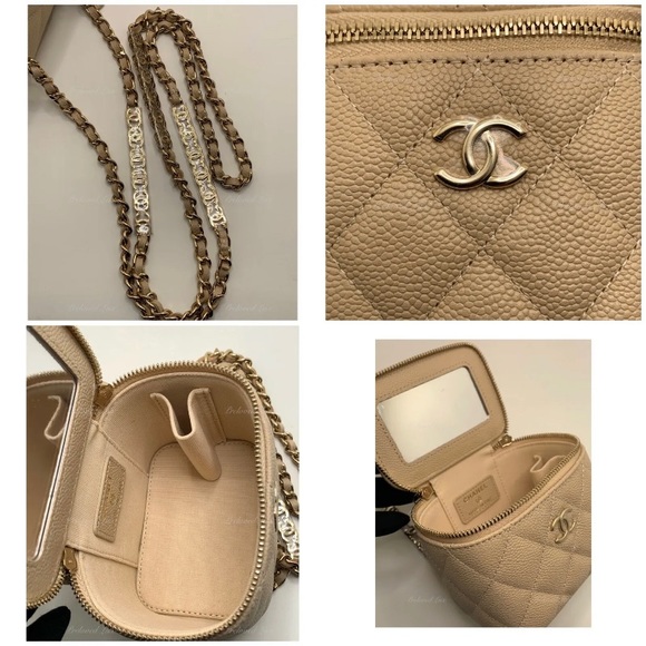 Authentic CHANEL Caviar Beige Mini Square Vanity Case CC Chain Bag Gold Hardware - Picture 5 of 9